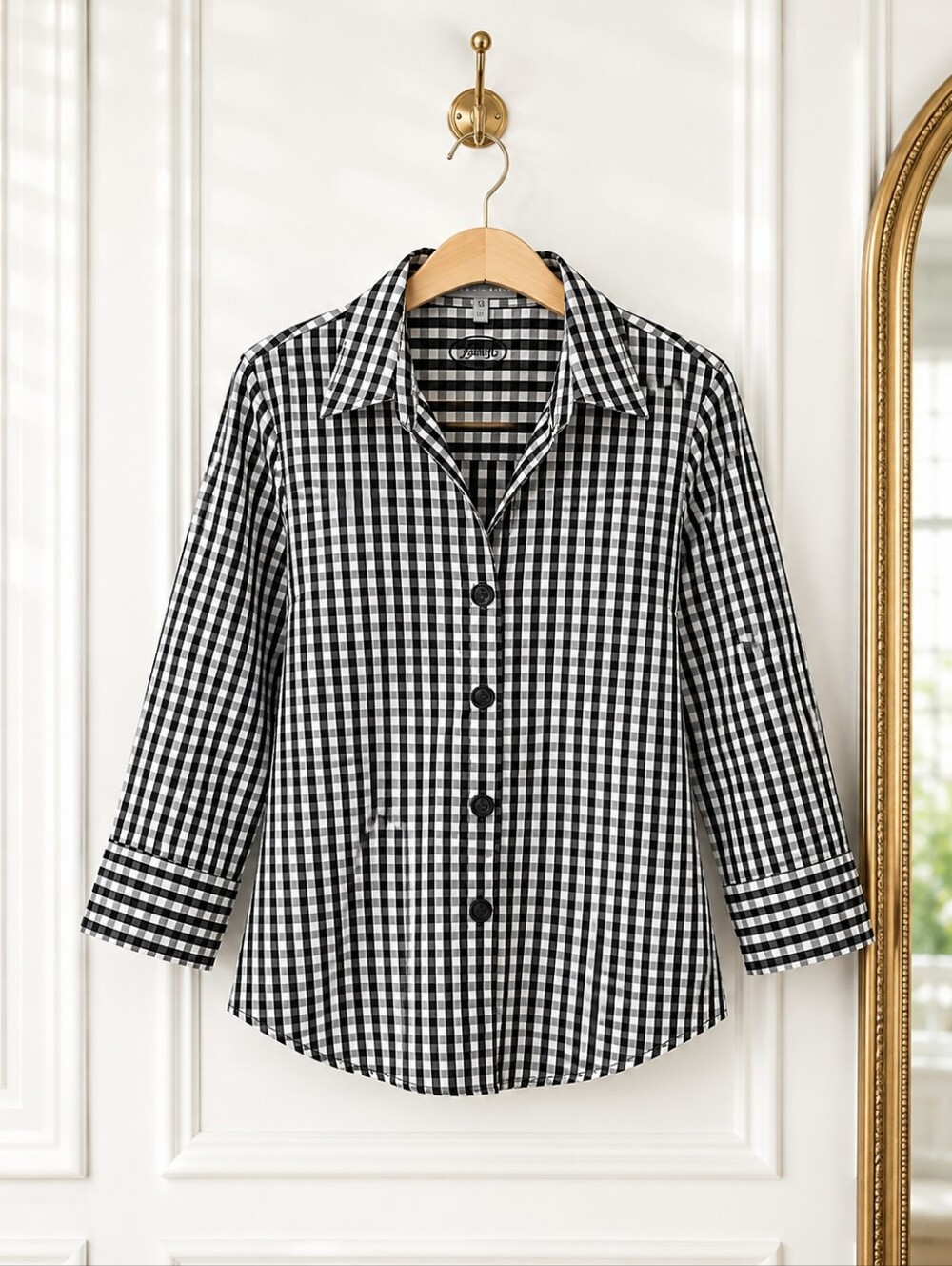 Foxcroft Black & White Gingham Button Front Blouse Size 14 | 3/4 Sleeve - Picture 6 of 9